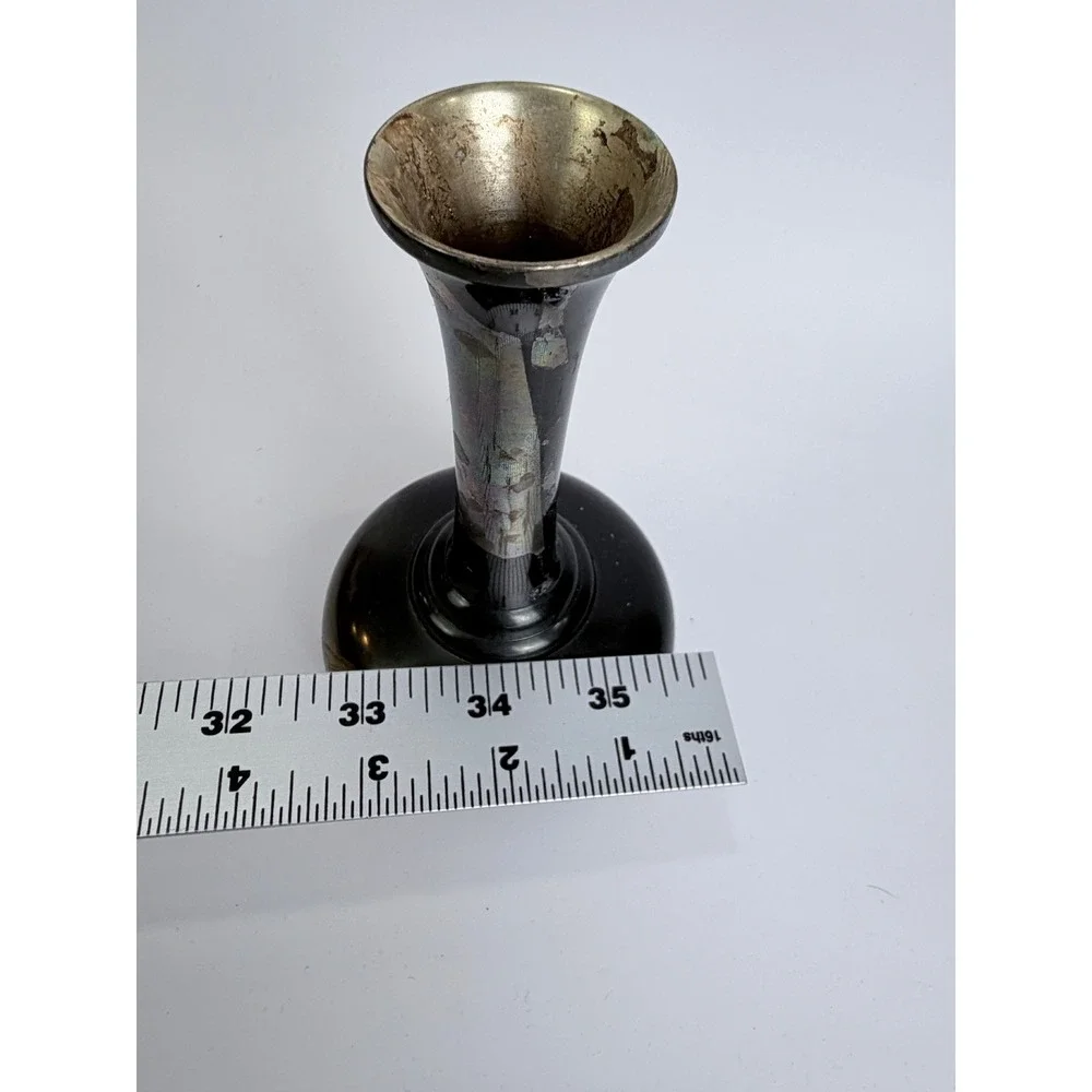 Vintage Japanese Amita Damascene Bud Vase Black Gold Silver Pagoda Mt Fuji 6.25